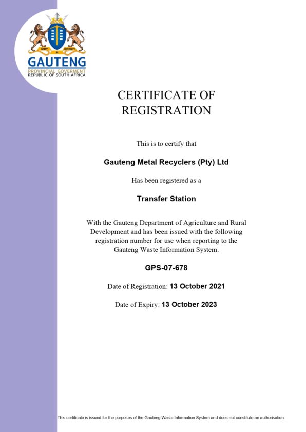 GMR Transfer Station Certification Cover